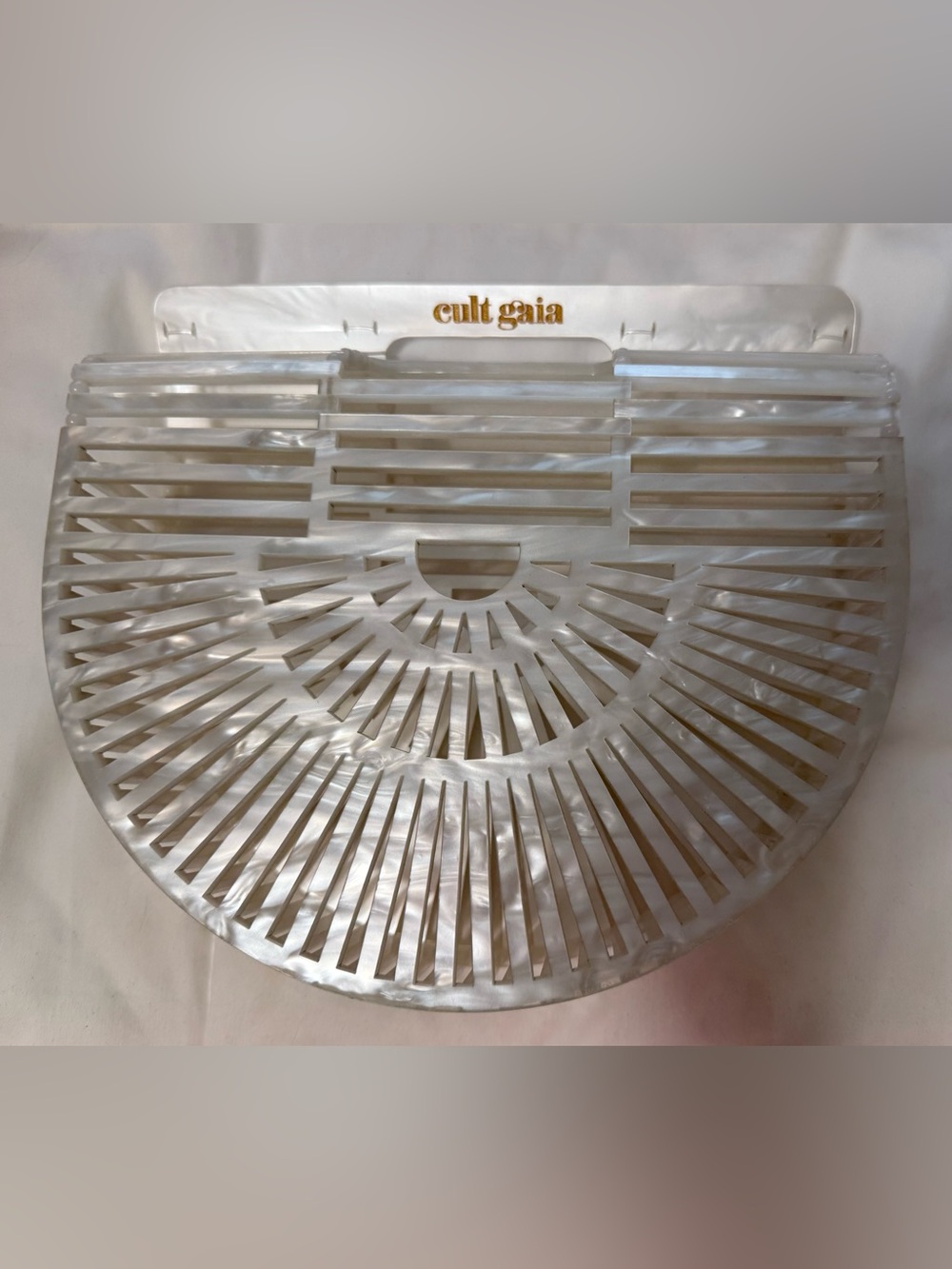 Cult Gaia pearlescent acrylic crescent tote in mother-of-pearl